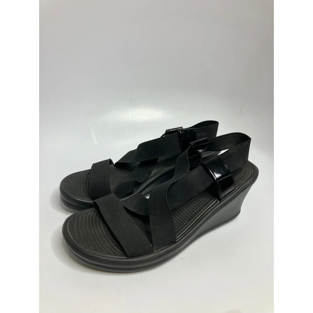 Skechers Wedge Sandals Womens 6 Black Excellent Elastic Straps Patent Trim